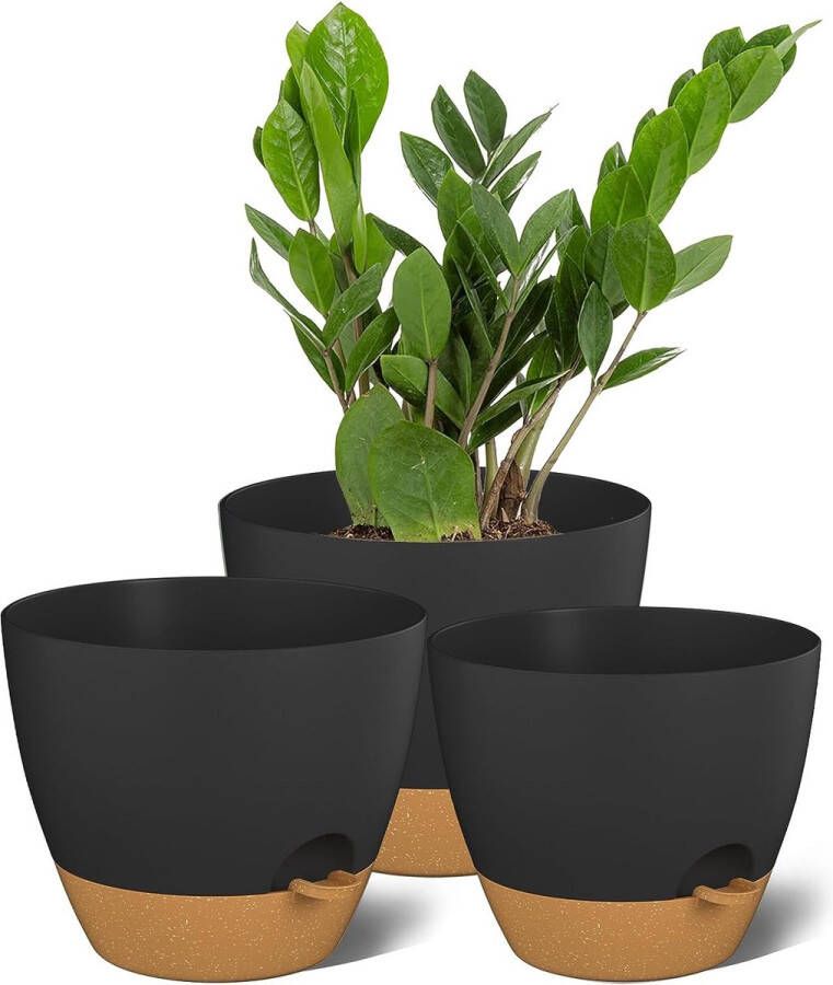 Bloempot met onderzetter zelfwaterende bloempot voor kamerplanten buitenplanten kunststof plantenpotten voor keuken huis tuin vensterbank zwart set van 3