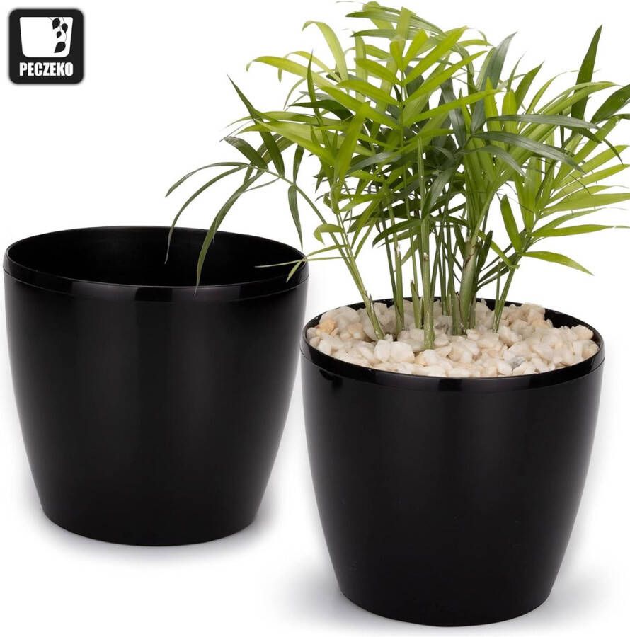 Bloempot plantenpot overpot kunststof decoratief groot set van 2 stuks kruidenpot zwart doorsnede 12 cm