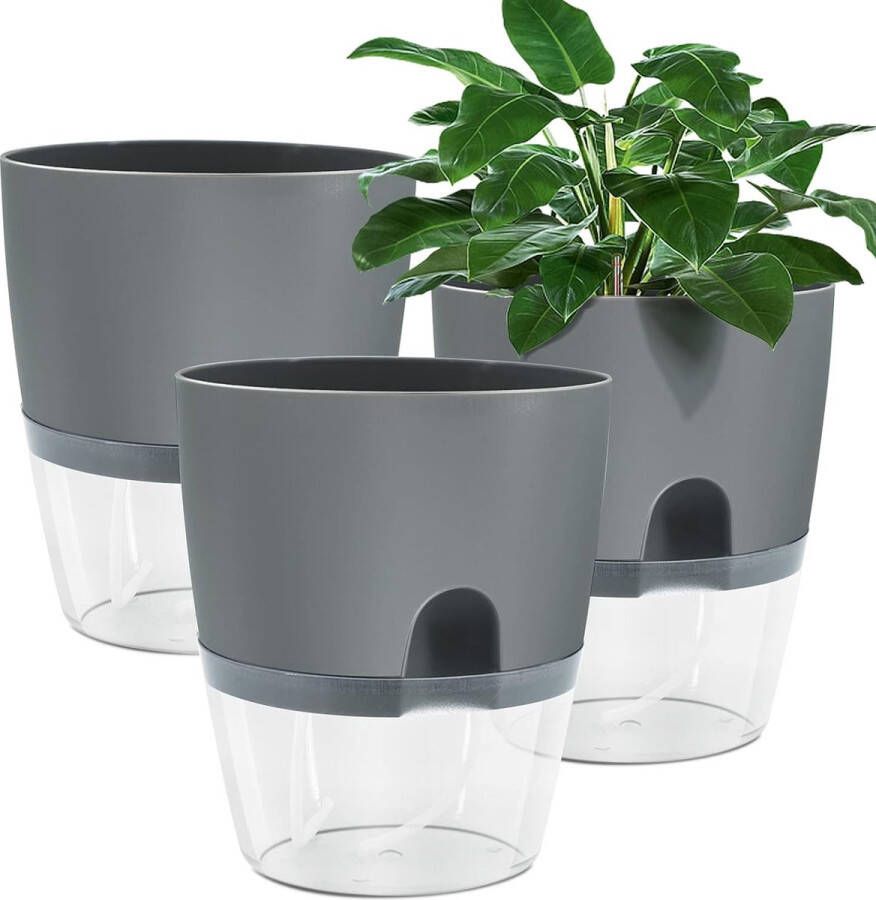 Bloempot plastic 3 stuks 15 3 cm kruidenpot met zelfbewatering en waterreservoir moderne plantenpot voor kamerplanten bloemen en kruiden grijs