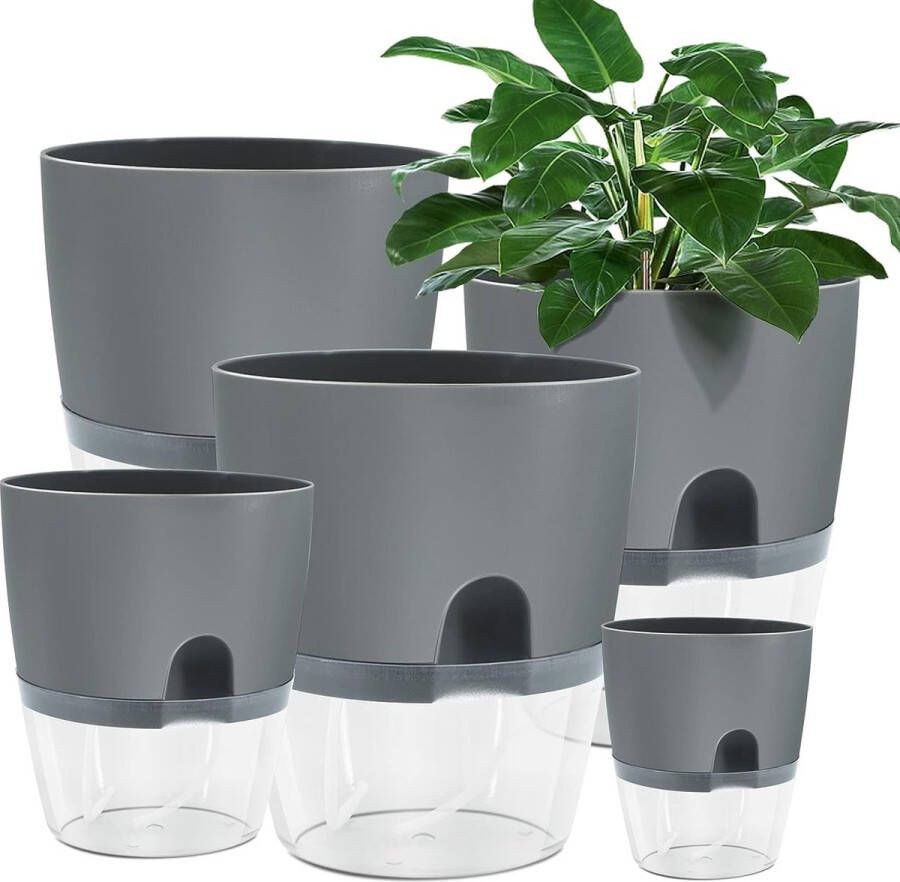 Bloempot plastic 5 stuks 15 3 cm 10 5 cm 8 2 cm kruidenpot met zelfbewatering en waterreservoir moderne plantenpot voor kamerplanten bloemen en kruiden grijs
