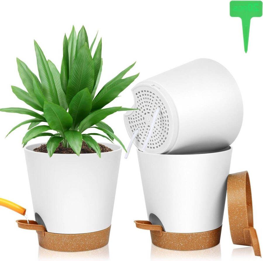 Bloempot set 3 stuks zelfbewatering plantenpot met irrigatiesysteem 165 x 17 cm balkonplanten binnen 20 plantenetiketten