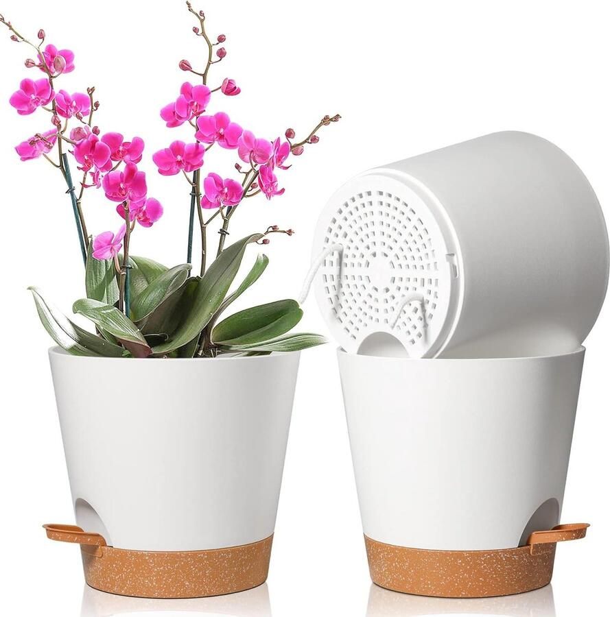 Bloempot Set van 3 Kunststof Φ8cm Rond Plantenpot Bewateringssysteem Binnen en Buiten Decoratie Thuis Kantoor