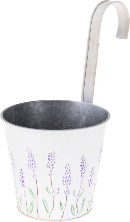 Merkloos Sans marque Bloempot plantenbak zinken emmertje met ophanghaak creme wit met lavendel 14 x 13 x 26 cm Balkon schutting plantenpot