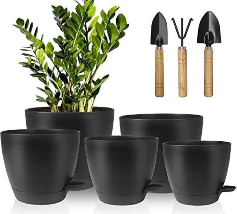 Bloempotten 5 stuks kunststof met irrigatiesysteem 17 8 16 5 15 2 13 9 12 7 cm zelfbewatering met onderzetter rond voor binnen balkon tuin planten vetplanten cactussen zwart