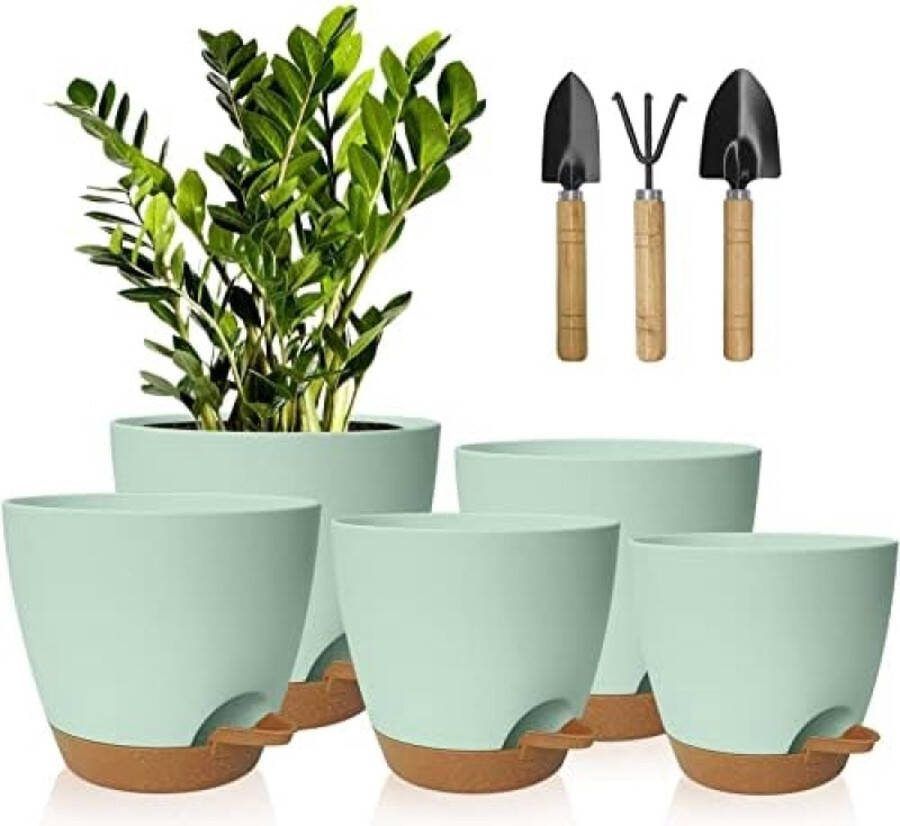 Bloempotten 5 stuks kunststof met irrigatiesysteem 17 8 16 5 15 2 13 9 12 7 cm zelfbewatering met onderzetter rond voor binnen balkon tuin planten vetplanten groenbruin