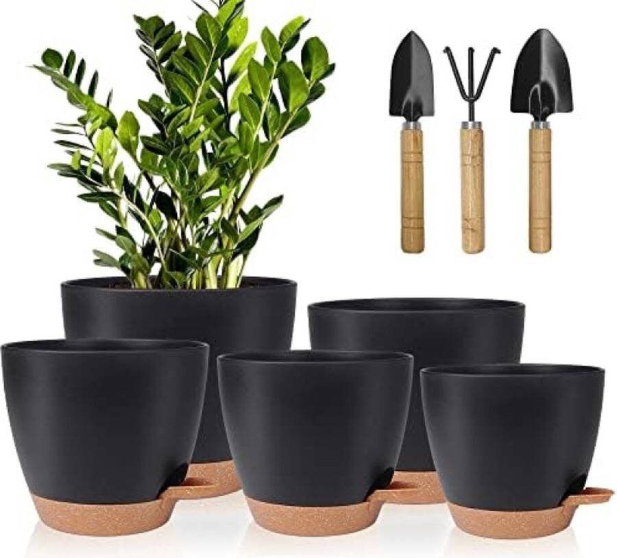 Bloempotten 5 stuks kunststof met irrigatiesysteem 17 8 16 5 15 2 13 9 12 7 cm zelfbewatering met onderzetter rond voor binnen balkon tuin planten vetplanten zwart-bruin