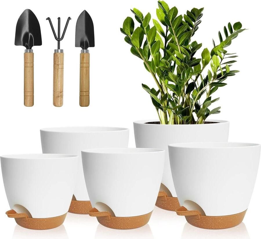 Bloempotten met irrigatiesysteem 5 stuks 178 165 152 139 127 cm zelfbewatering en onderzetter wit binnen balkon tuin planten vetplanten cactussen