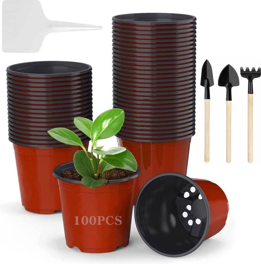 Bloempotten rond 100 stuks 10 cm plastic ronde kunststof bloempotten met afvoergaten binnenpot voor zaailingen en steken kweekpotten zaadpotten en 20 stuks plantentags