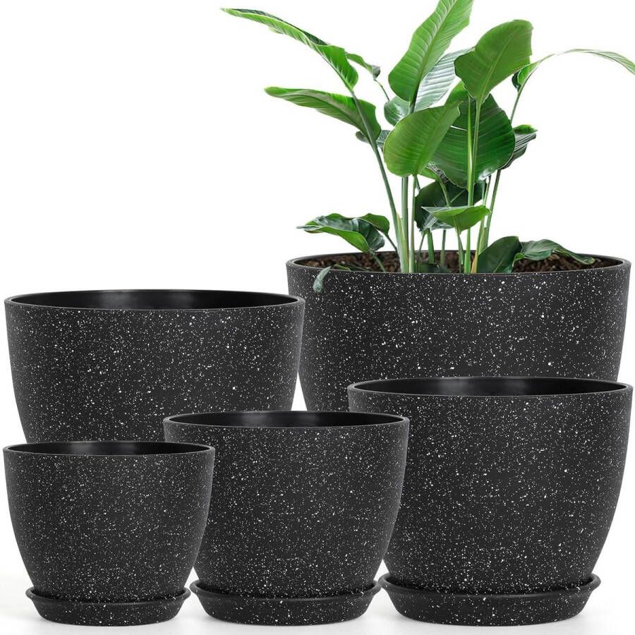 Bloempotten voor binnen set van 5 215 19 16 14 125 cm decoratieve plantenbak voor kamerplanten inclusief schoteltjes voor kantoor en thuis zwart
