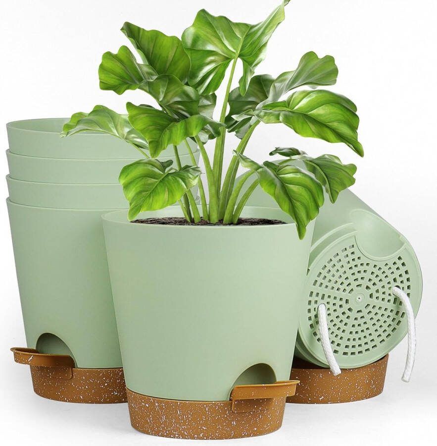 Bloempotten zelfbewaterend 6 stuks 15 2 cm plantenpot met irrigatiesysteem bloempot met bruine onderzetter bloempotset ideaal voor binnen en balkon tuin groen