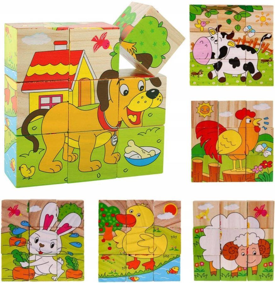 Playos Blokpuzzel 9 Blokken Educatief Speelgoed Dieren Boerderijdieren Boerderij Kubus Puzzel Houten Puzzel