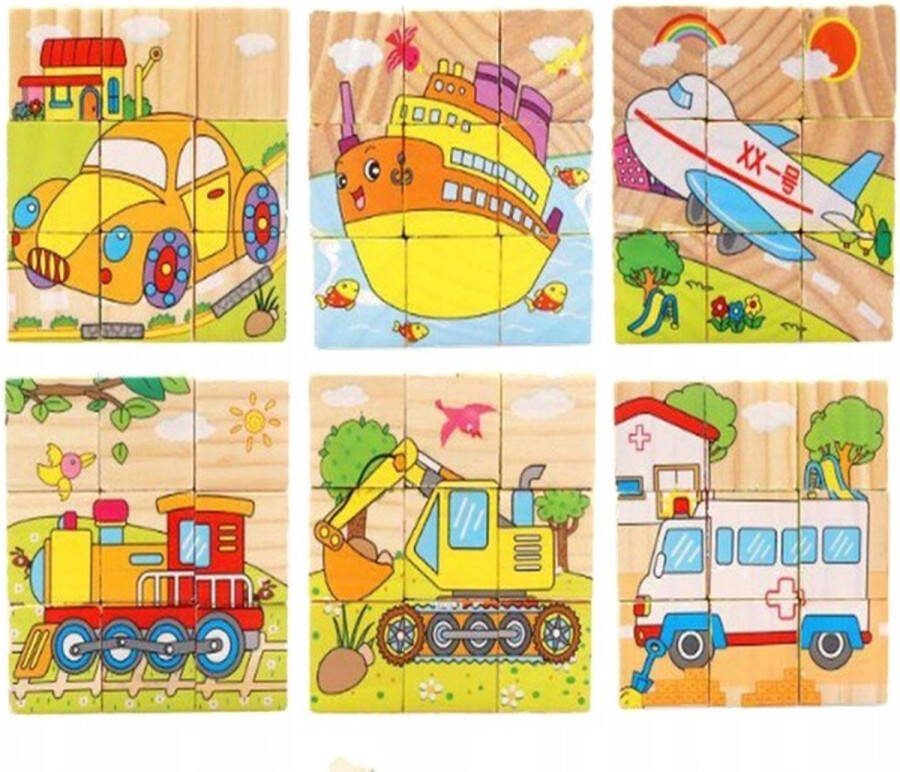 Playos Blokpuzzel 9 Blokken Educatief Speelgoed Voertuigen Auto Boot Vliegtuig Bus Trein Vrachtwagen Takelwagen Kubus Puzzel Houten Puzzel