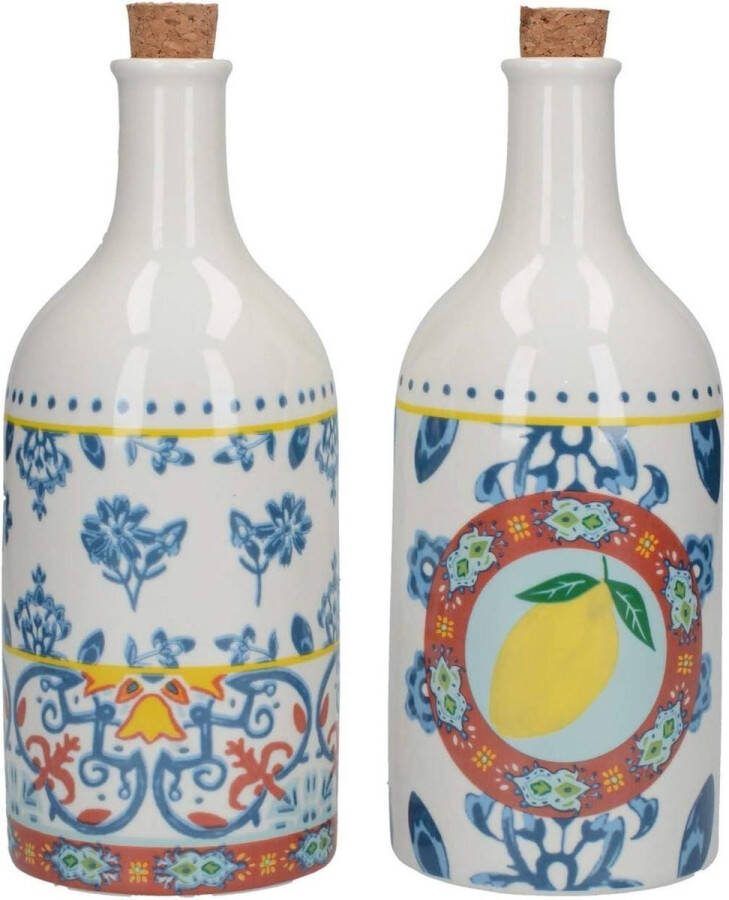 Blue World of Flavours Mediterrane Olie en Azijnstel Azijnfles en Oliefles Keramiek met Kurk 8 x 8 x 205 centimeter 500 ml Multi-kleur Olive Oil Bottle Dispenser