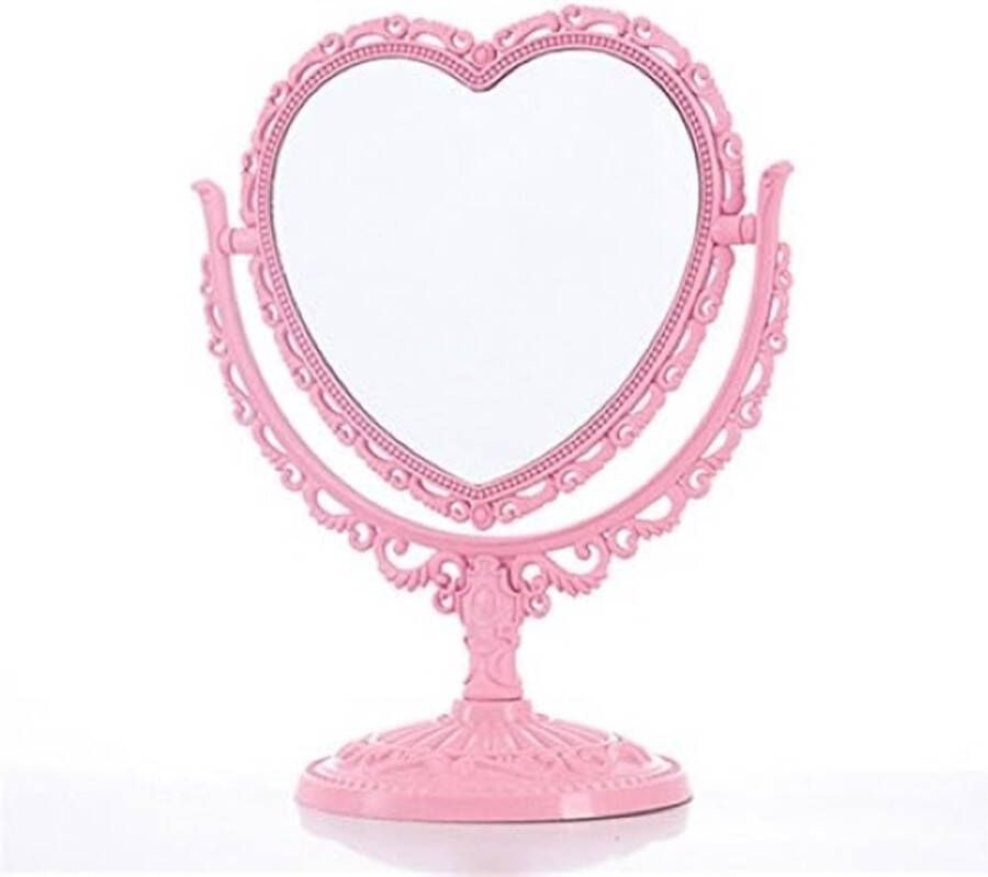 Bluelover Make-upspiegel 2 zijden draaibare standaard kunststof commode hartvorm spiegel cosmeticagereedschap roze