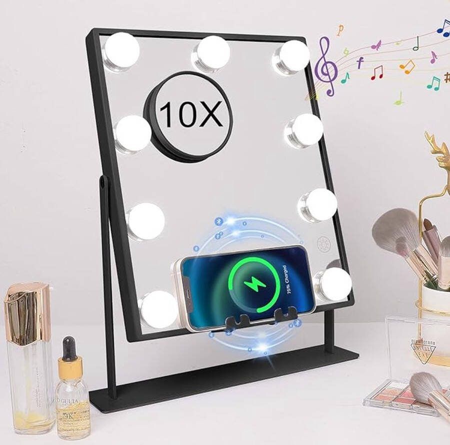 Bluetooth Make-upspiegel met verlichting draadloos oplaadstation Hollywood Spiegel met 3 kleuren licht & 9 dimbare led lampen spiegel