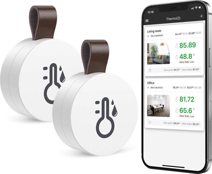Bluetooth Thermometer Hygrometer 2x stuks Mini Vochtigheids Temperatuursensor met Gegevensexport en Waarschuwingen voor iOS Android Slimme Realtime Records voor Huis Wijnsigaar Woonkamer