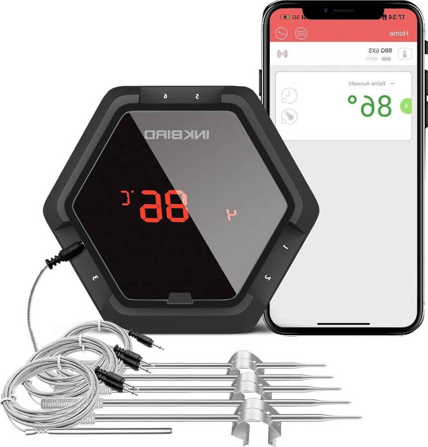 Bluetooth Vleesthermometer met 6 Probes 50m Bereik USB Oplaadbaar Timer en Temperatuur Alarm (Zwart)