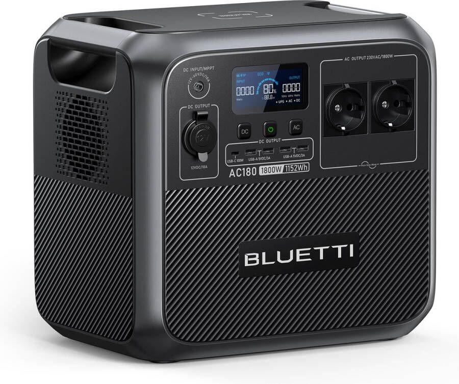 Bluetti AC180-Powerstation-1800W 1152Wh-LiFePO4-Oplaadtijd Balkonstroom 45 min. tot 80% voor Kamperen