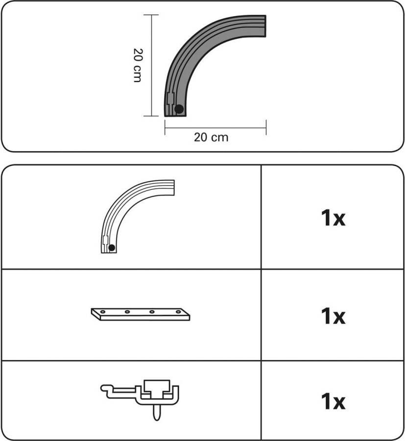 Bocht voor aluminium gordijnrail met enkele rail links wit 20 x 20 cm
