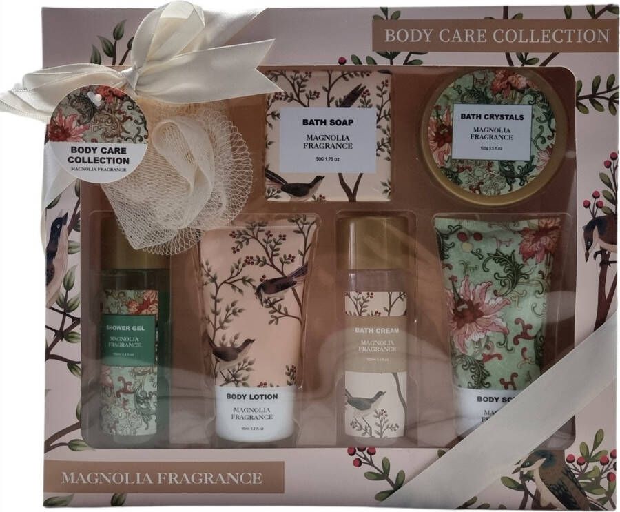 Body Care Collection Magnolia Fragrance Giftset Welnesset 7-delig Puff Soap Badzout Shower Gel Body Lotion Cream Bath Body Scrub Moederdag