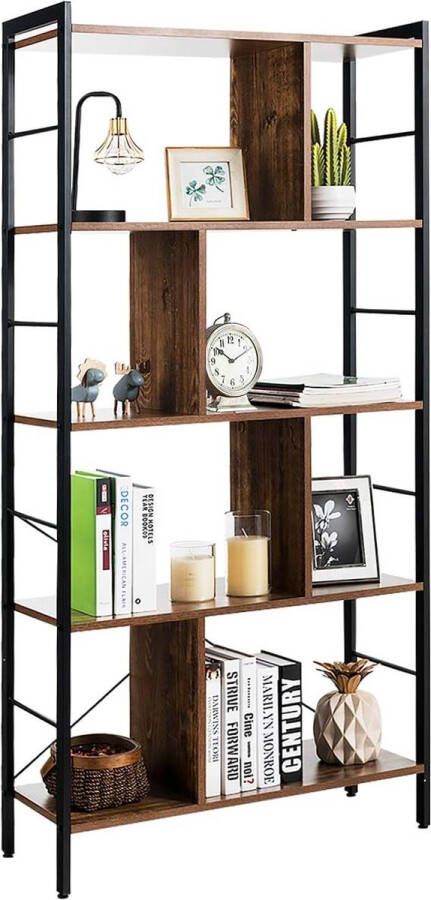 Boekenkast kantoorrek in industrieel design kamerverdeler bruin staand rek met 5 niveaus archiefkast met metalen frame opbergrek met kantelbeveiliging