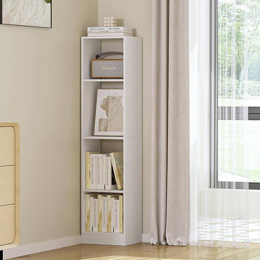 Boekenkast met 4 niveaus kubusrek moderne open plank van hout opbergrekken en presentatieplanken voor woonkamer thuiskantoor slaapkamer wit