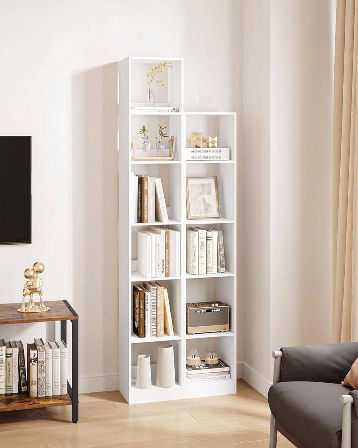 Boekenkast met 6 niveaus kubusrek moderne open plank van hout opbergrekken en presentatieplanken voor woonkamer thuiskantoor slaapkamer wit