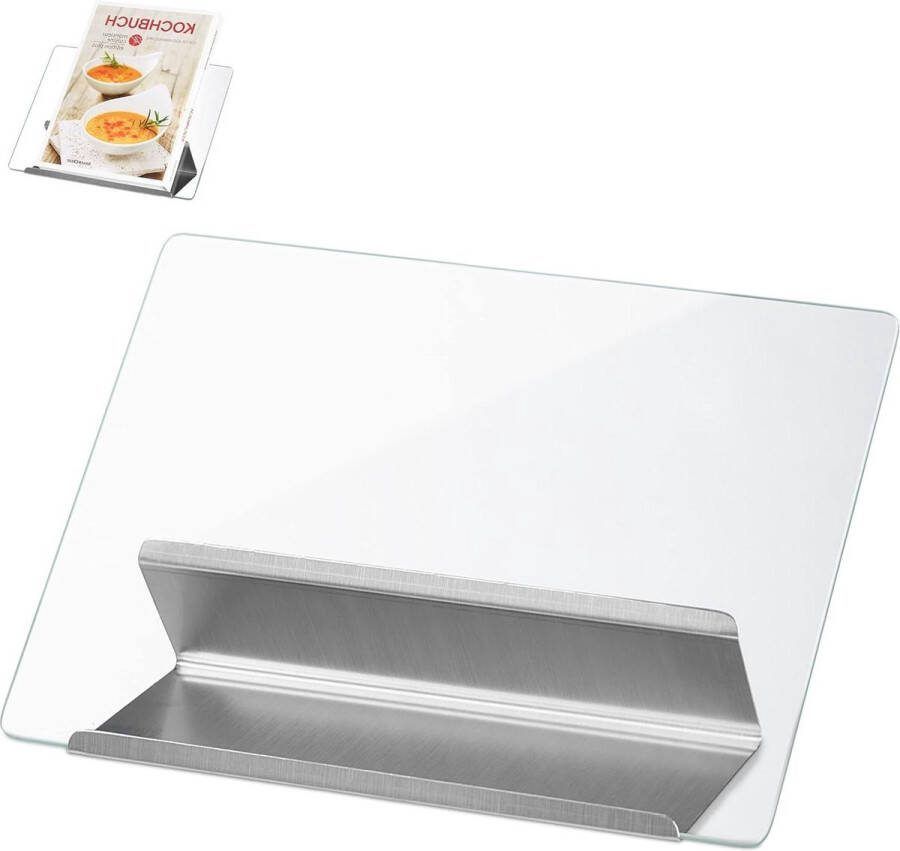 Boekenstandaard Kookboek RVS Glas Recepten Boekenhouder Keuken HxB 22 x 29 cm Zilver