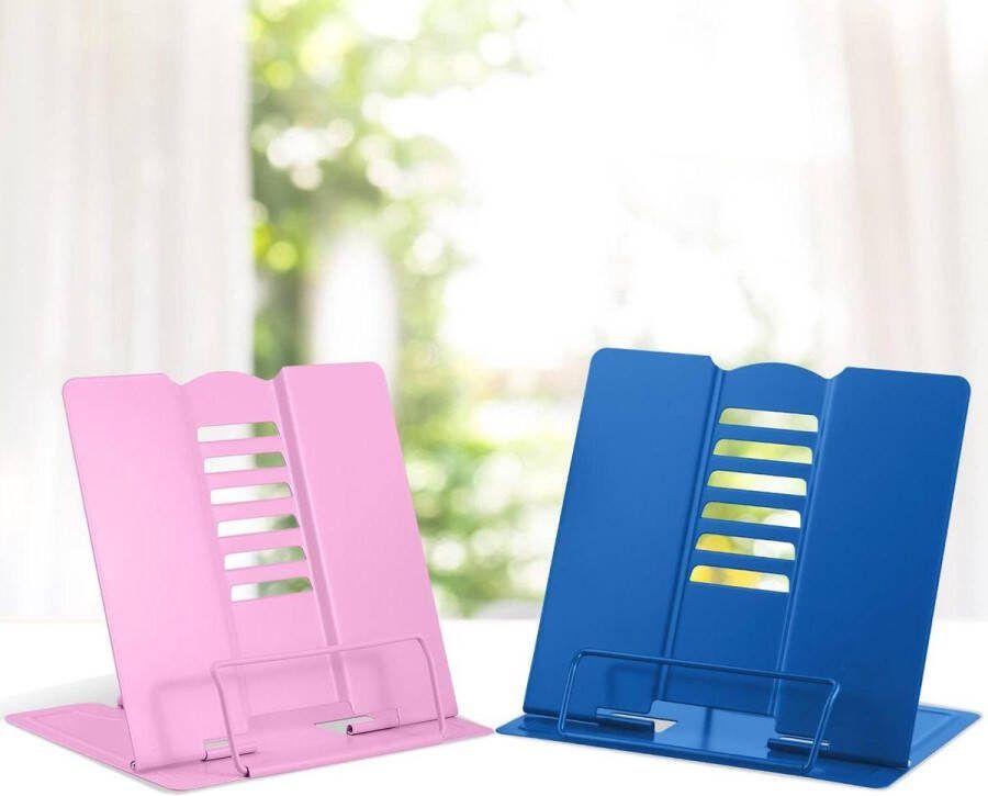 Boekenstandaard verstelbaar metaal lichtgewicht 2 stuks leesboek houder kookboek standaard draagbaar recept tablet muziekboekstandaard (donkerblauw en roze)