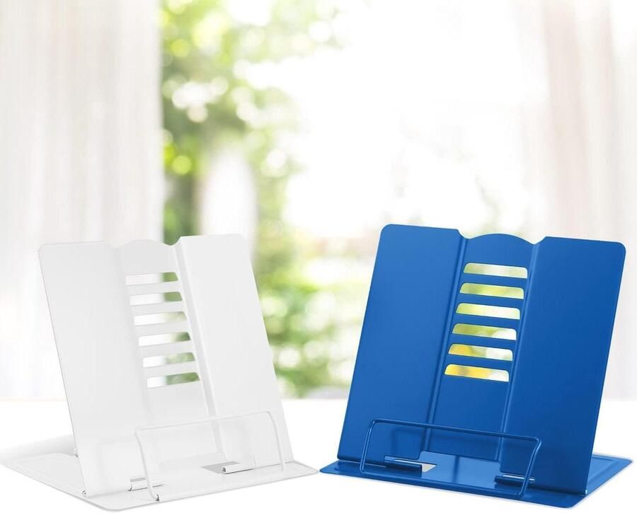 Leesstandaard kookboekhouder 6 niveaus verstelbaar metaal opvouwbaar multifunctioneel antislip kinderboekenstandaard voor keuken werkkamer kantoor school these (marineblauw + wit) Book stand