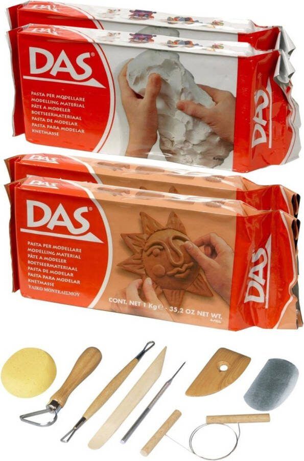 Merkloos Sans marque Boetseer klei pakken combie set 2x kilo terracotta en 2x kilo witte klei Met luxe kwaliteit boetseergereedschap 8-delig