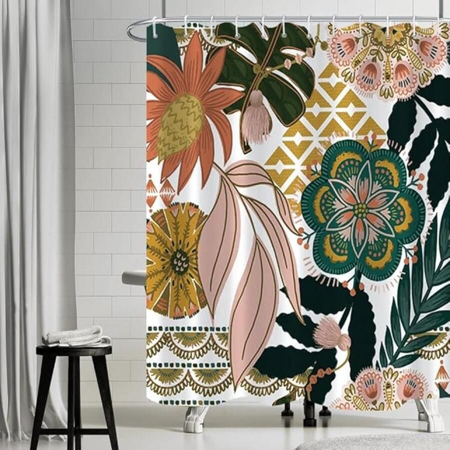 Bohemen Douchegordijn Boho Stijl Douchegordijn Bloemen Roze Blad Groen Badgordijn Anti-Schimmel Waterdicht Wasbaar Polyester Badkamer Gordijn met Haken 180x180cm