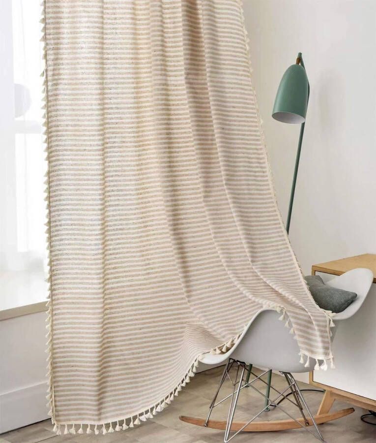Boho gordijnen landhuisstijl katoen linnen kwastjes gordijnen beige strepen patroon woonkamer slaapkamer gordijnen 1 stuk B 150 × H 215 cm