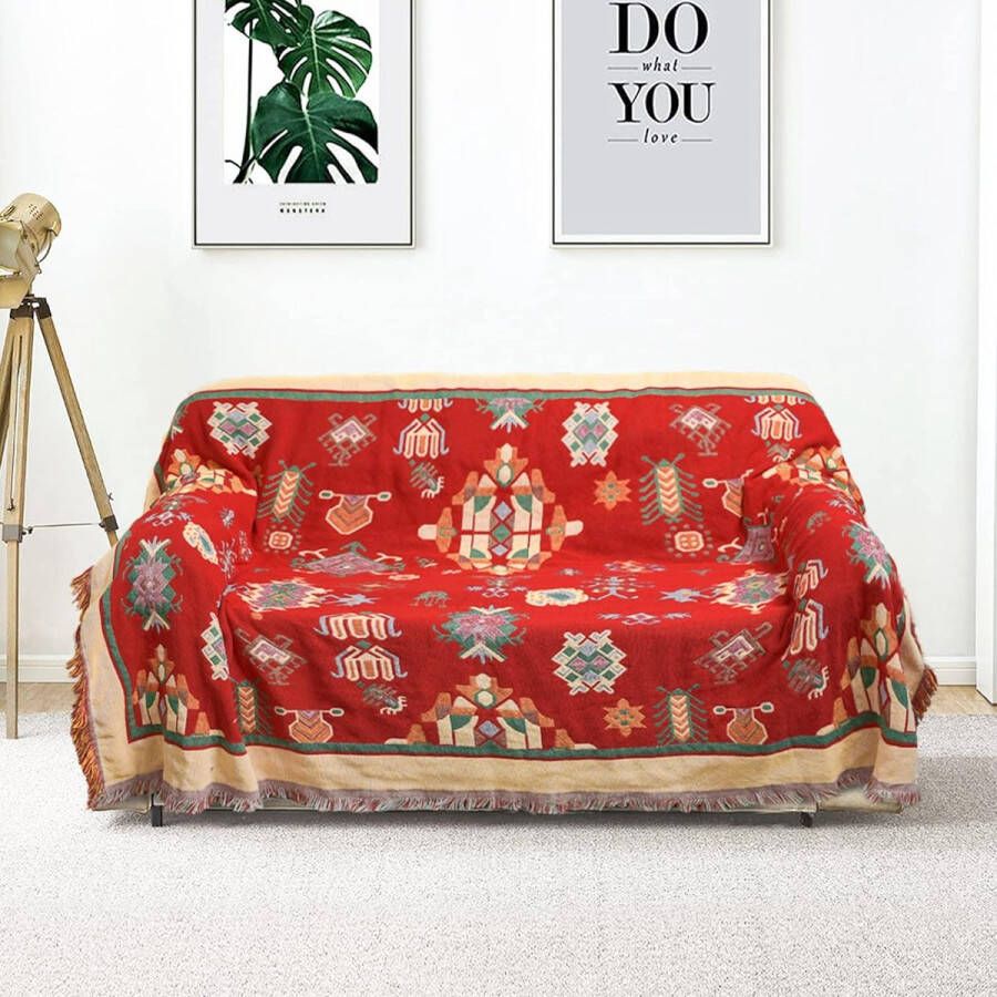 Boho-stijl deken Boho-banksprei sprei 180 x 230 cm 100% handgeweven katoen dubbelzijdig gebreide kwastdeken bankdeken vintage Indiase decoratie voor kamer bank bed fauteuil