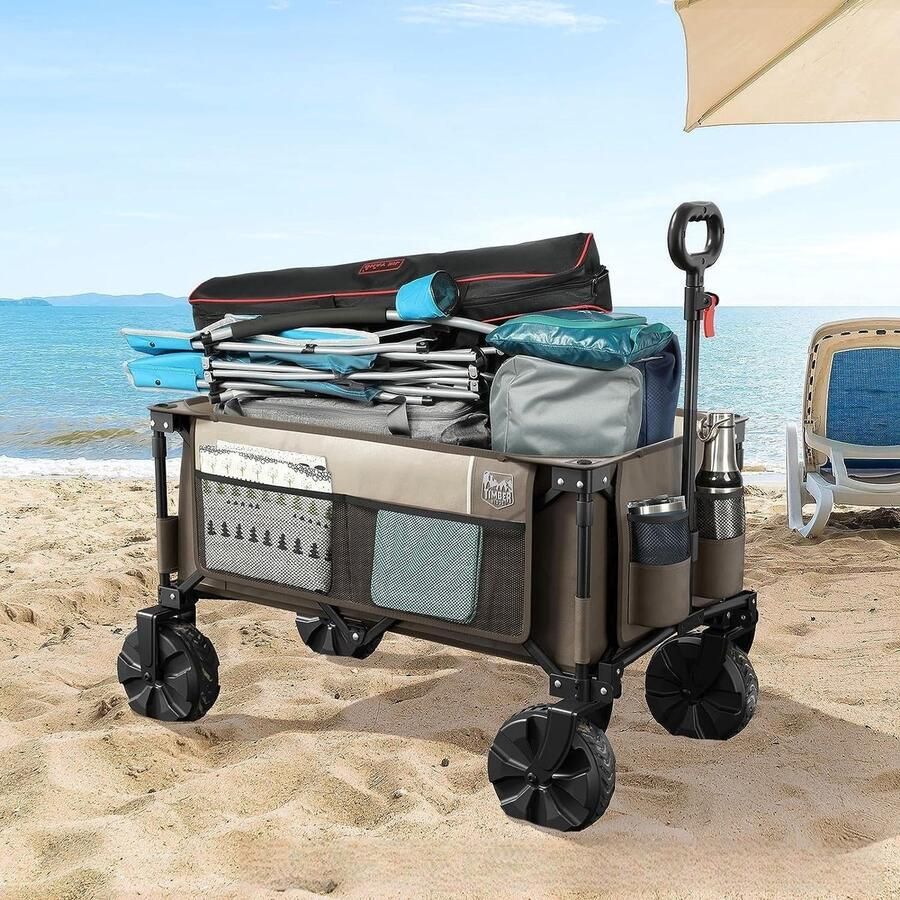 Bolderkar opvouwbaar brede banden transportwagen met zijvak bekerhouder verstelbare handgreep tuinwagen voor alle terreinen outdoor camping winkelen met 100 kg belastbaarheid