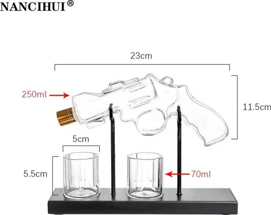 Bolmans Karaf Schenkkan Glazenkaraf Decanter Creatieve Decanter Whisky Karaf -Whisky Decanter Decanteer Karaf In de Vorm van een Revolver Incl. 2 Whisky Glazen en Karaf Houder