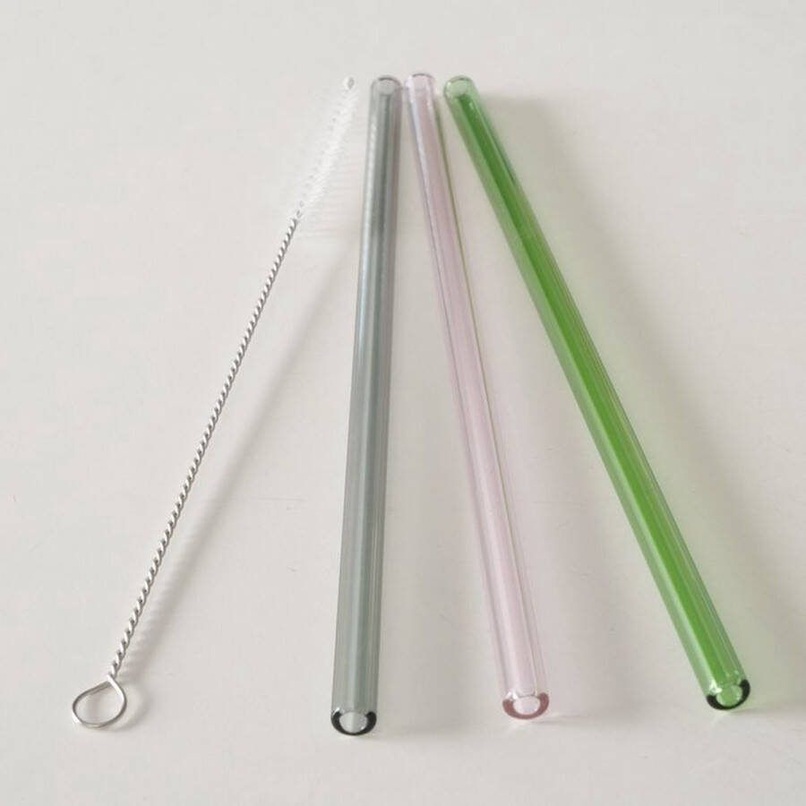 Boltze Home Glazen rietjes 6 stuks + schoonmaakborsteltje babyroos groen grijs