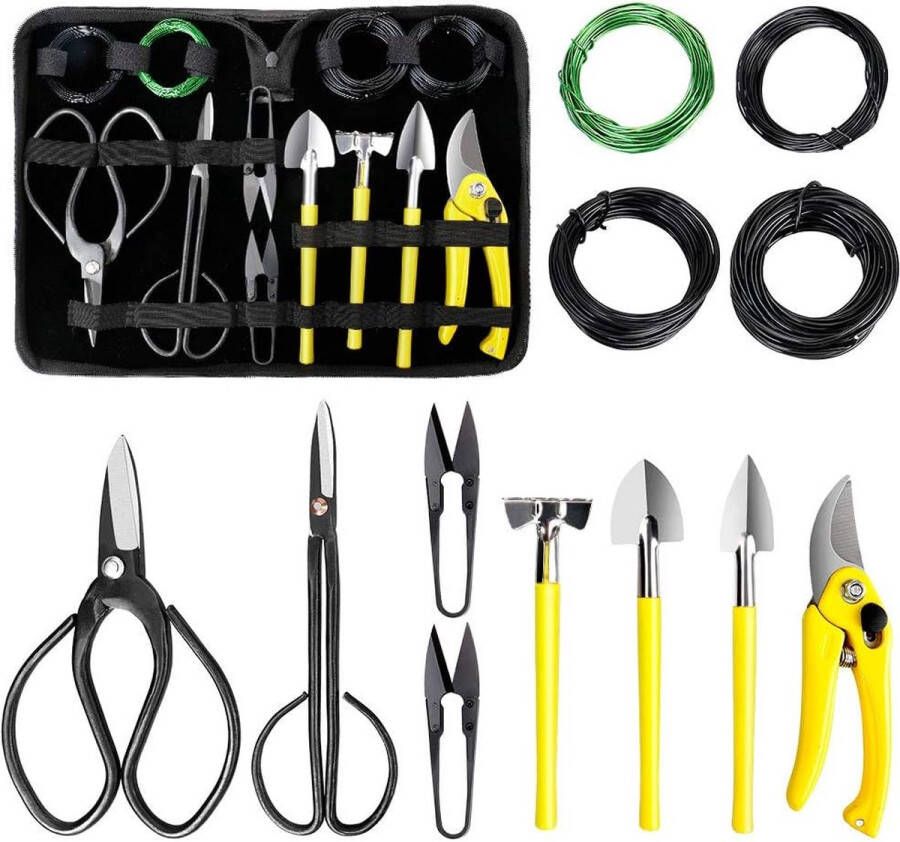 Bonsai Gereedschapset 13-delig High Carbon Steel Succulent Tuinieren Trimgereedschap Kit Inclusief Snoeischaar Schaar Mini Hark Ronde en Puntige Schop & Trainingsdraad in PU lederen tas