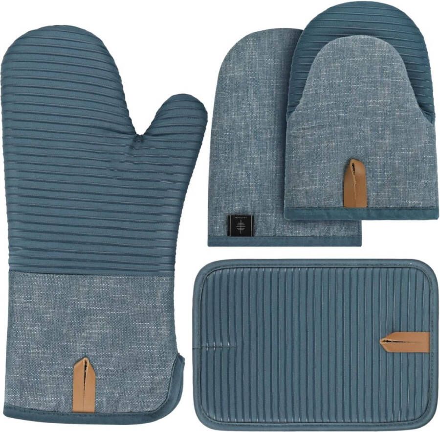 BONTHEE Ovenhandschoenen hittebestendig siliconen anti-slip gestreept blauw 4-delige set voor koken en bakken