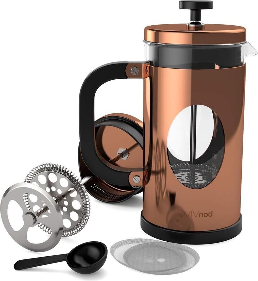 BonVIVO GAZETARO Franse pers koffiemaker roestvrijstalen cafetière met glazen kan koffie zuiger met filter handmatige koffiezetter koperen afwerking groot 1L 8 kopjes