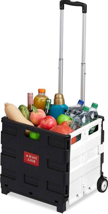 Boodschappentrolley inklapbaar telescopisch handvat Krat met wielen tot 35 kg 50L vouwkrat Zwart grijs Stevig en handig