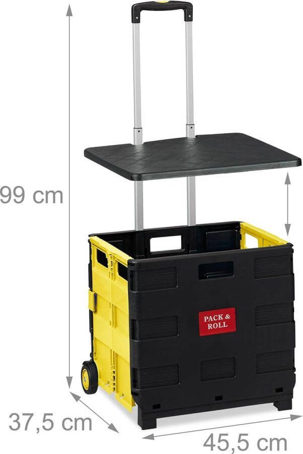 Boodschappentrolley inklapbaar tot 35 kg 50 l krat telescopisch handvat vouwkrat 2 wielen geel zwart