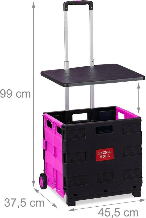 Boodschappentrolley inklapbaar tot 35 kg 50 l krat telescopisch handvat vouwkrat 2 wielen roze zwart