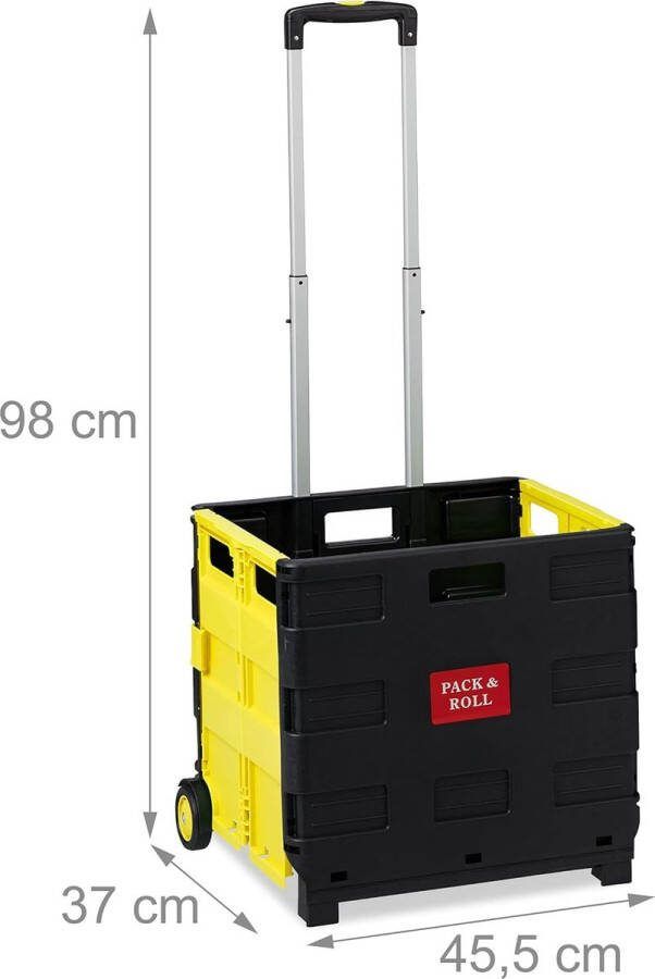 Boodschappentrolley inklapbaar tot 35 kg kunststof krat telescopisch handvat vouwkrat 2 wieltjes geel