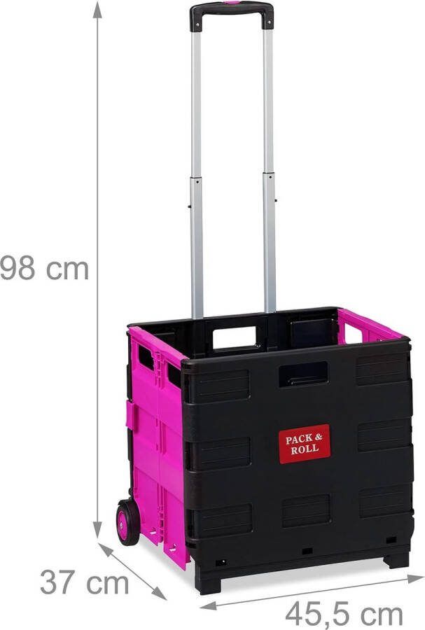 Boodschappentrolley inklapbaar tot 35 kg kunststof krat telescopisch handvat vouwkrat 2 wieltjes roze