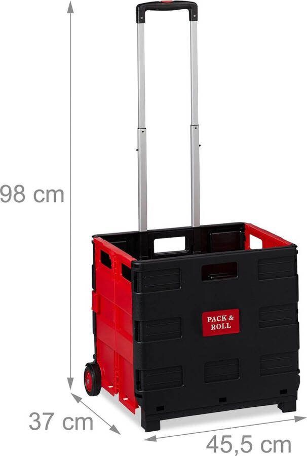 Boodschappentrolley inklapbaar tot 35 kg kunststof krat telescopisch handvat vouwkrat 2 wieltjes rood