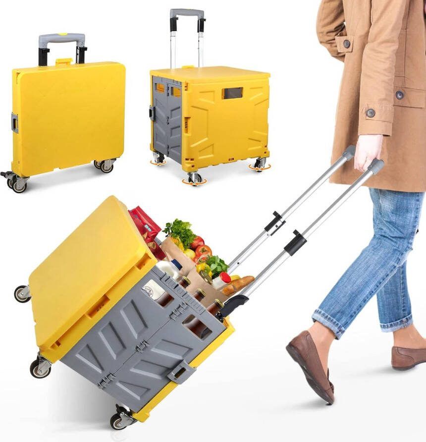 Boodschappentrolley inklapbaar transporttrolley tot 35 kg 35 l kist boodschappenmand met deksel uittrekbare aluminium uittrekbare handgreep 4 360° draaibare rubberen wielen 100 x 41 x 35 cm