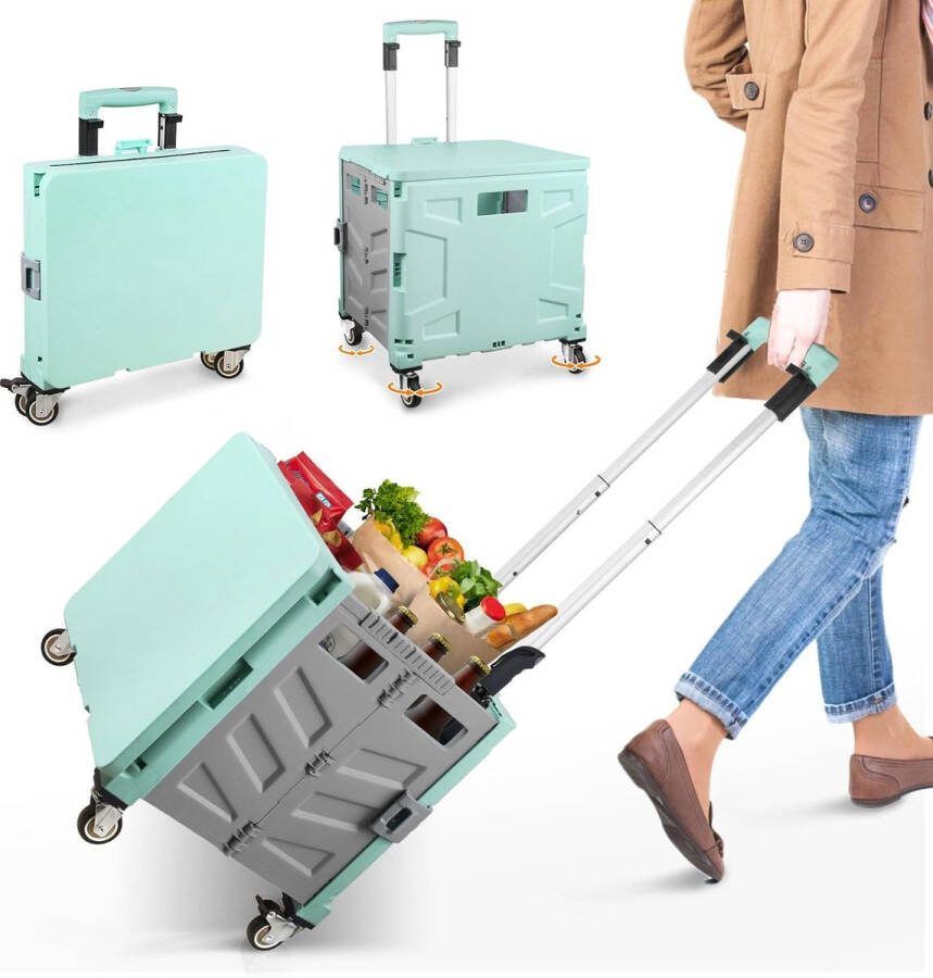 Boodschappentrolley inklapbaar transporttrolley tot 50 kg 50 l kist boodschappenmand met deksel uittrekbare aluminium uittrekbare handgreep 4 360° draaibaar metalen wiel 103 x 43 x 38 cm