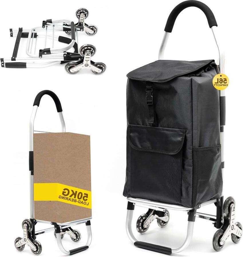 Boodschappentrolley inklapbaar trapklimmer stille rubberen wielen met koelvak en afneembare boodschappentas 56 liter shopping trolley