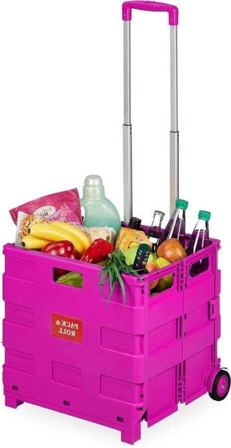 Boodschappentrolley met 2 wieltjes en telescopische handgreep tot 35 kg Opvouwbare boodschappenkar in roze boodschappenkrat met wielen